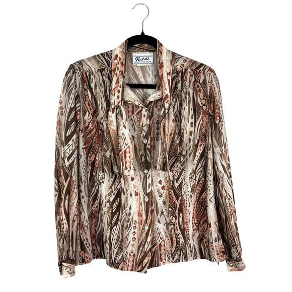 Vintage Teddi of California Blouse Scarf Collar Brown Art Print 80s Women's 10 - Picture 2 of 7